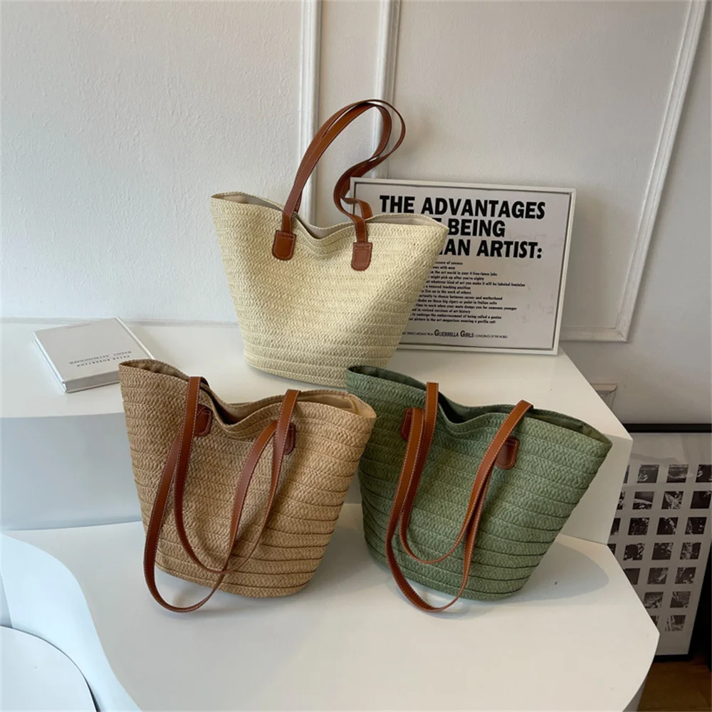 Summer Rattn Weave Bag With Inner Bag For Women Beach Vacation Weaving Straw Bag Large Capacity Travel Handle Bucket Totes