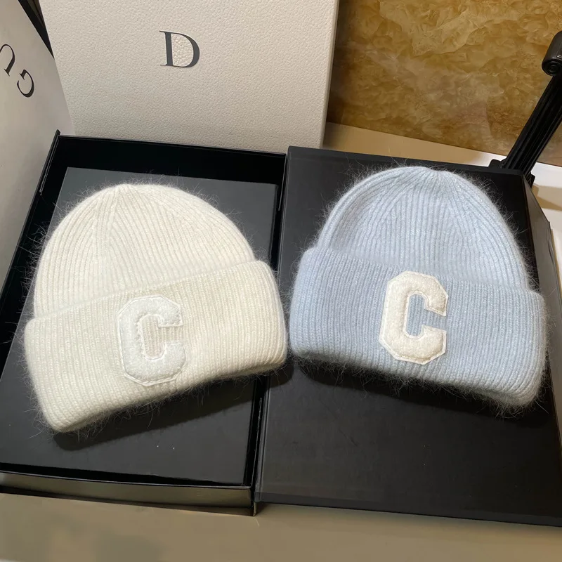 Unisex Fashion C Letter Desig Knitted Hat Winter Autumn Rabbit Fur Beanie Cap Brand Female Thicken Warm Skullies Caps bicycle