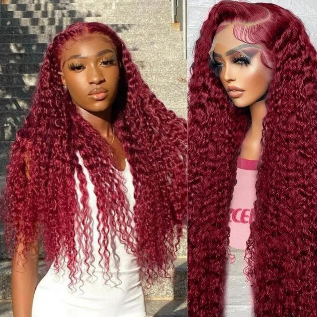 13x4 Lace Front Human Hair 200 density 30 40 Inch Curly 99j burgundy Deep Wave Lace Frontal Wig Brazilian For Black Women