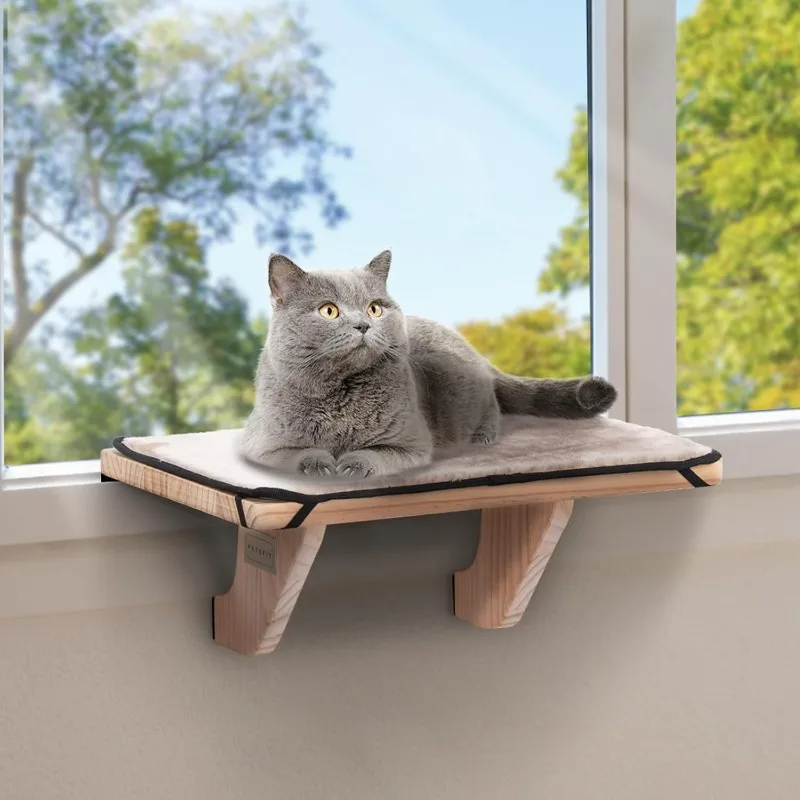 

Window Perch, Cat Hammock Window Seat with Natural Solid Wood&Removable Fleece Mat,Safety Sturdy Cat Bed for Windowsill,