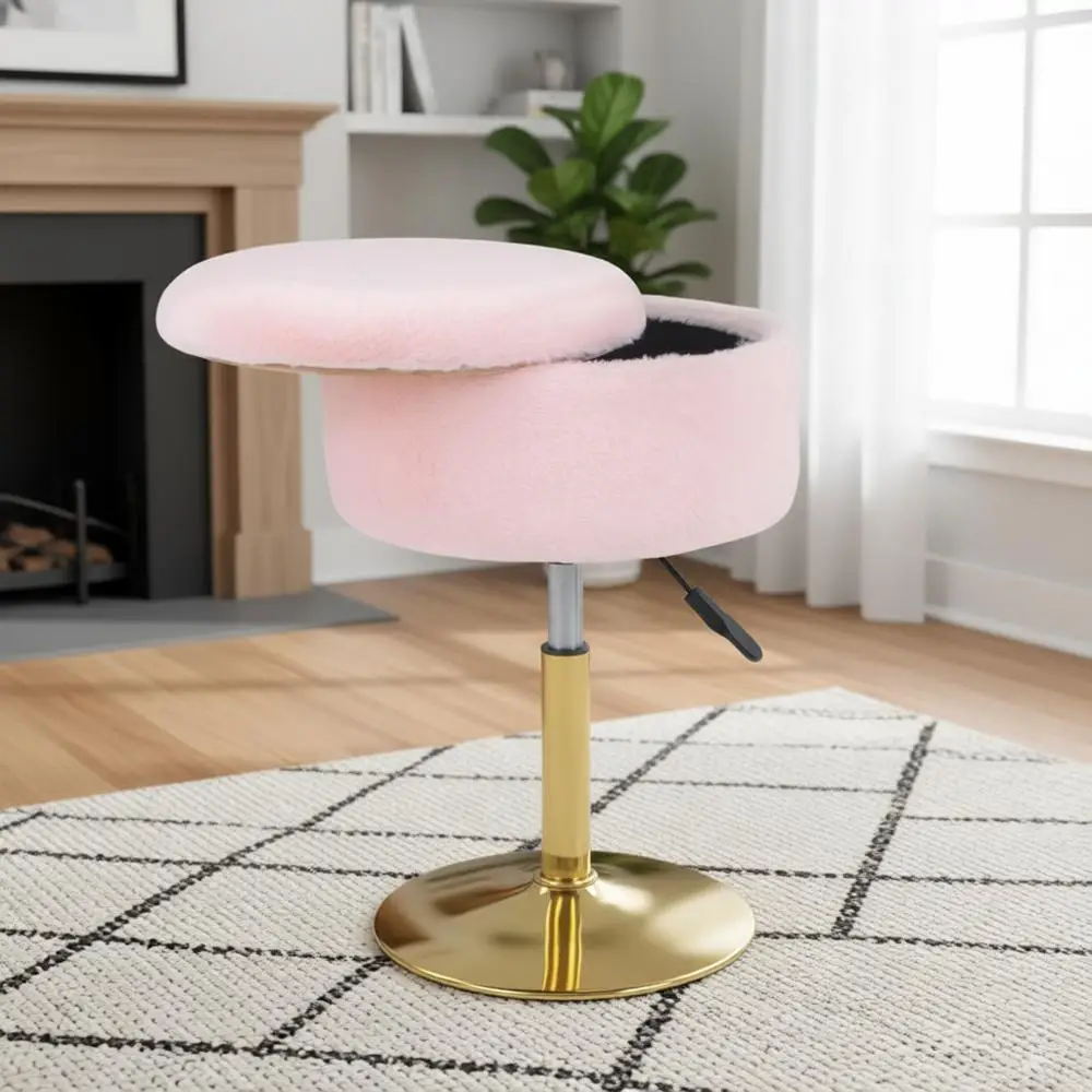 

360° Swivel Vanity Stool with Storage, Pink Ottoman for Makeup and Bathroom Use