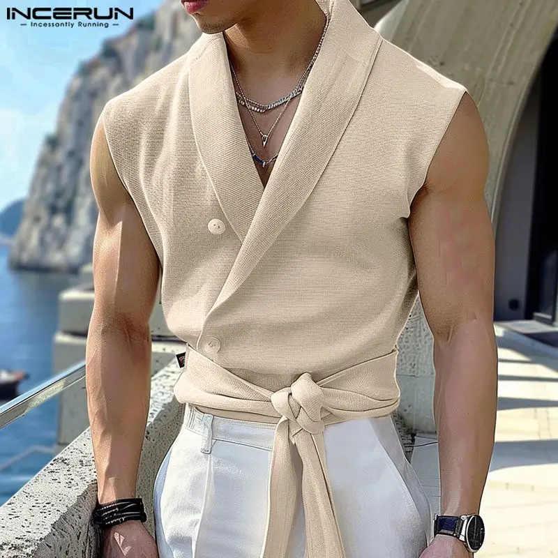 INCERUN Men Shirt Solid Color Lapel Sleeveless Button Casual Men Clothing Lace Up Streetwear 2024 Summer Fashion Camisas S-5XL