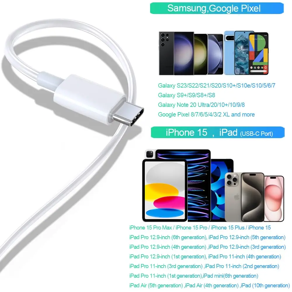 كابل MIZIQIER 5-Packs USB C إلى USB C، كابل شاحن Type-c 60W(3A) لهاتف iPhone 15/15 Pro/15 Plus/15 Pro Max، iPad Mini 6