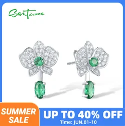 SANTUZZA Real 925 Sterling Silver Stud Earrings For Women Sparkling White CZ Green Spinel Flower Dangling Delicate Fine Jewelry