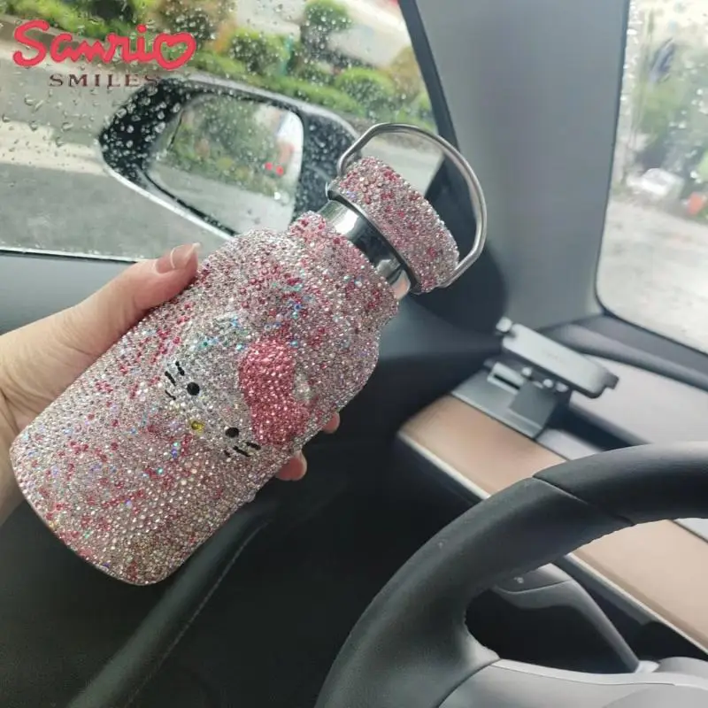 Kawaii Sanrio Y2K Anime Diamond Series Hello Kitty Thermos Cup Hottie Cartoon Portable Straight Body Car Water Cup Girl Gift