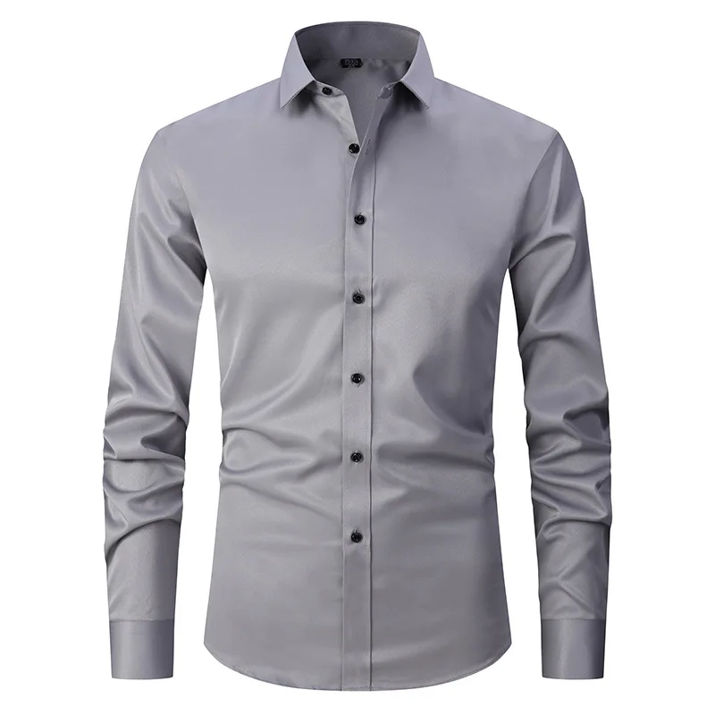 2025 New Style Casual Solid Color Elastic Large-Sized Shirt Men's Long-Sleeved Men's Fashion Shirt Slim-Fitting Shirt