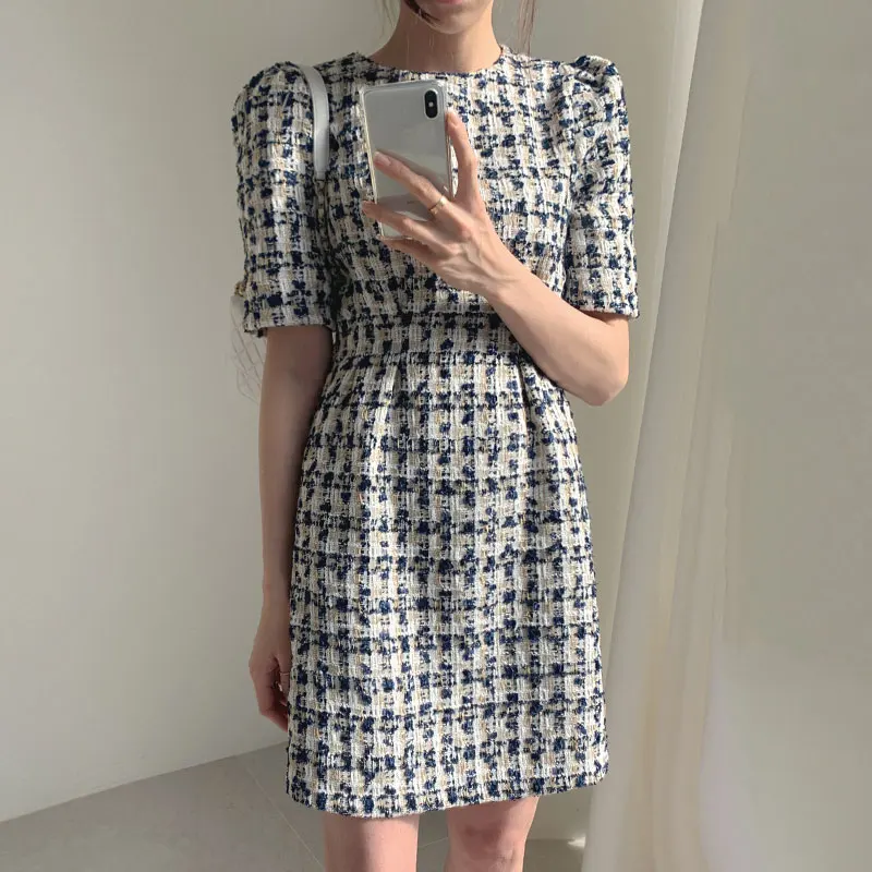 Vestido e de lana a cuadros para mujer, vestido corto de verano con cintura entallada, manga corta, cintura alta, esti...