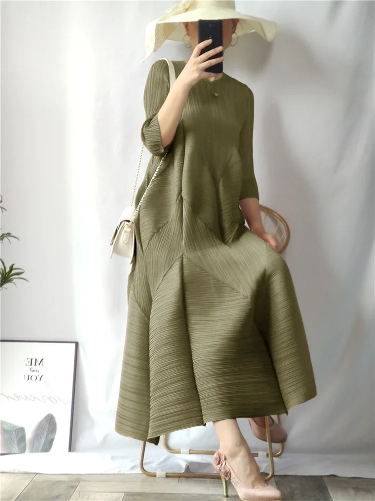 Miyake Pleated Bud Dress 2023 Spring Summer Lantern Long Dress Plus Size New Loose Bud Dress Causal Elegant Aesthetic Clothes