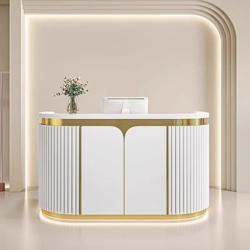 &c Solid Surface Top Information Counter Special Shape Front Desk Pink Reception Desk for SPA Beauty Salon