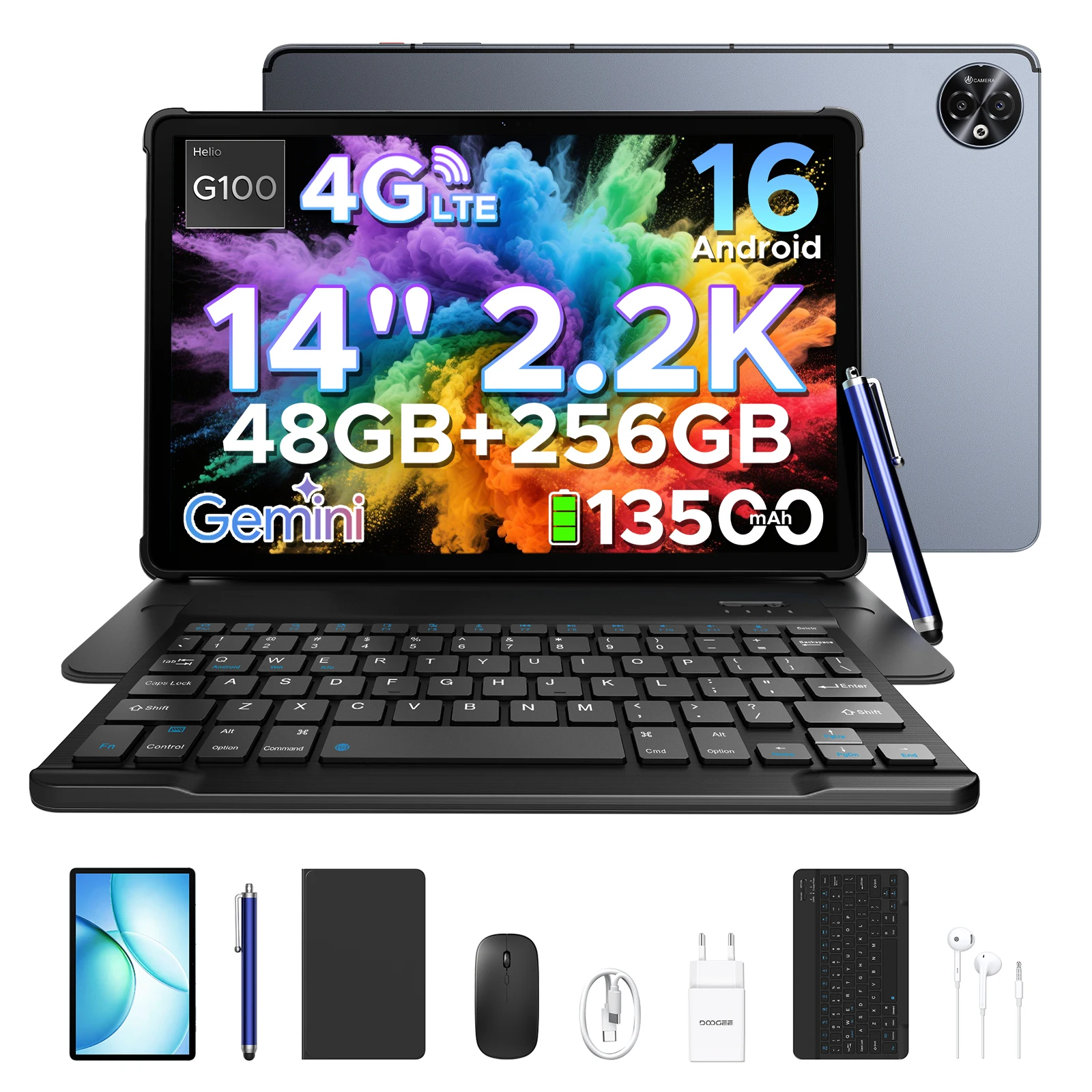 DOOGEE Tablet PC 2-in-1 Tab E3 Max Gmini AI 14 inch scherm 2.2K Batterij mAh Android 16 48GB (8 + 40) 256GB Helio G100 AI Tablet