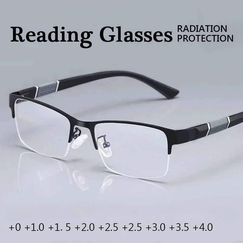 Anti Blue Lesebrille Herren Retro Metallrahmen Quadratische Presbyopiebrille für Unternehmen