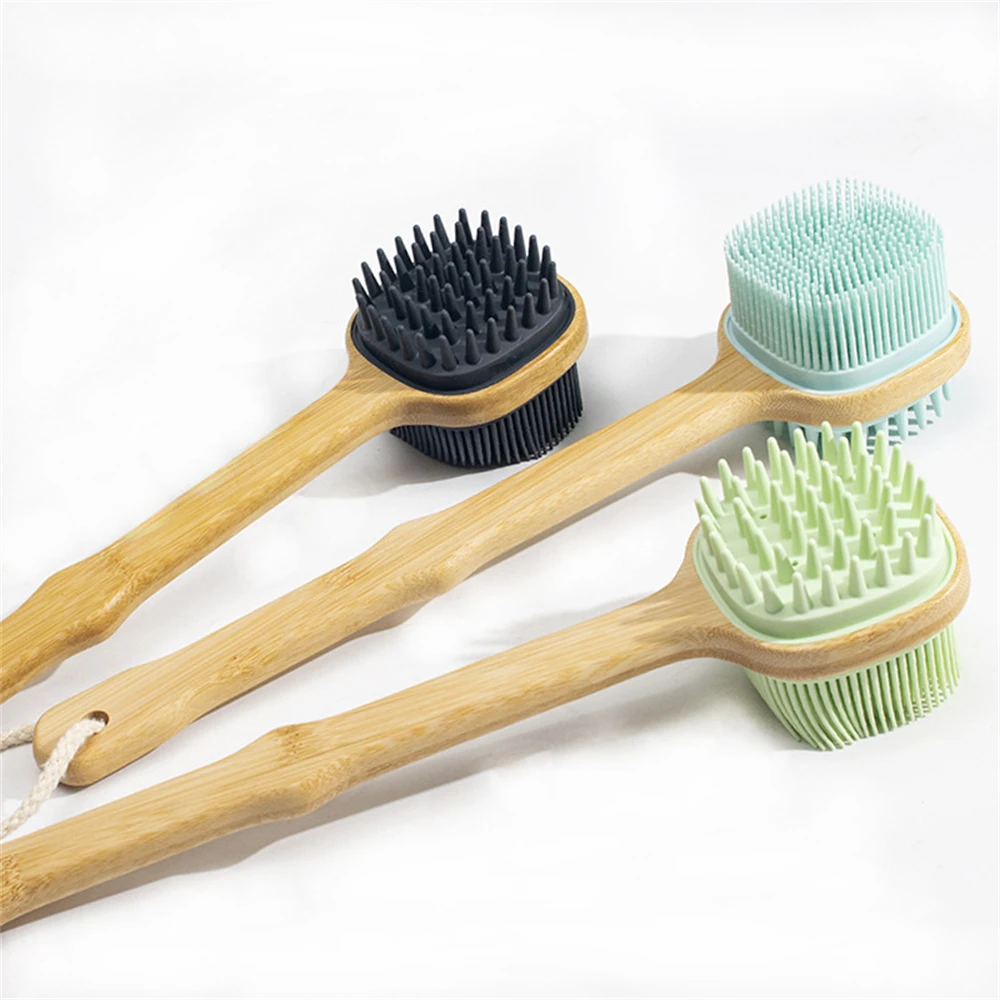 Double-sided Long Handle Bath Exfoliating Wooden Silicone Back Body Brush Soft SPA Skin Foam Massage Brush Shower Accessories