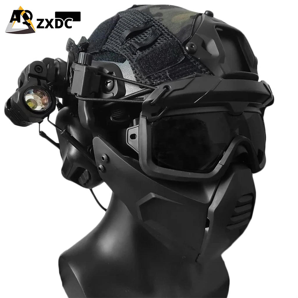 Tactical Airsoft Helmet Sets, with Airsoft Mask and Goggles, Tactical Headphones, Flashlight and Helmet Cover, for Paintball