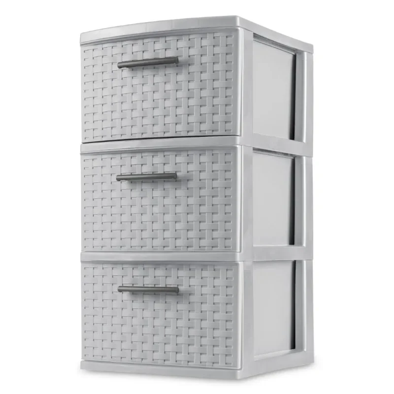

3 Drawer Weave Tower, Plastic Décor Drawers with Pull Handles, Gray Free shippment
