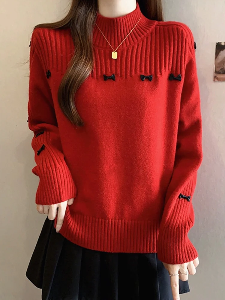 

Женский длинный вязаный свитер с высоким воротником, облегающий базовый слой, с узлом, весенняя мода, новогодняя одежда