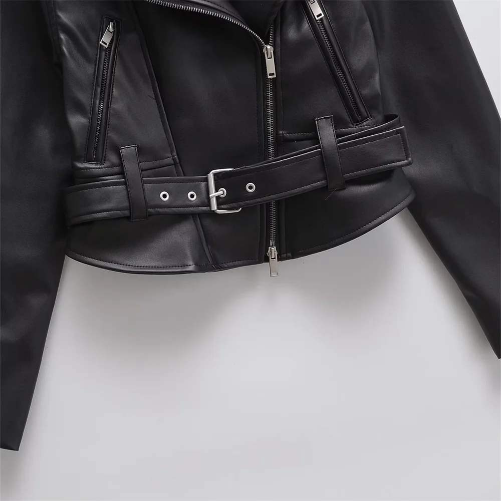 TRAF 2024 Autumn New Product Women\'s Flip Collar Long Sleeve Zipper Decoration Belt Leather Motorcycle Jacket Coat