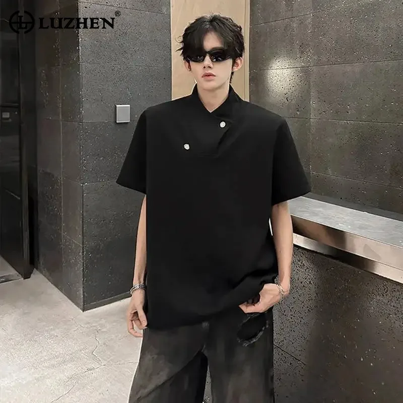 LUZHEN Shoulder 2026 Summer Original Niche Design Cross Collar Pad Short Sleeve T-shirts Men's Trendy Solid Color Clothes JY9155