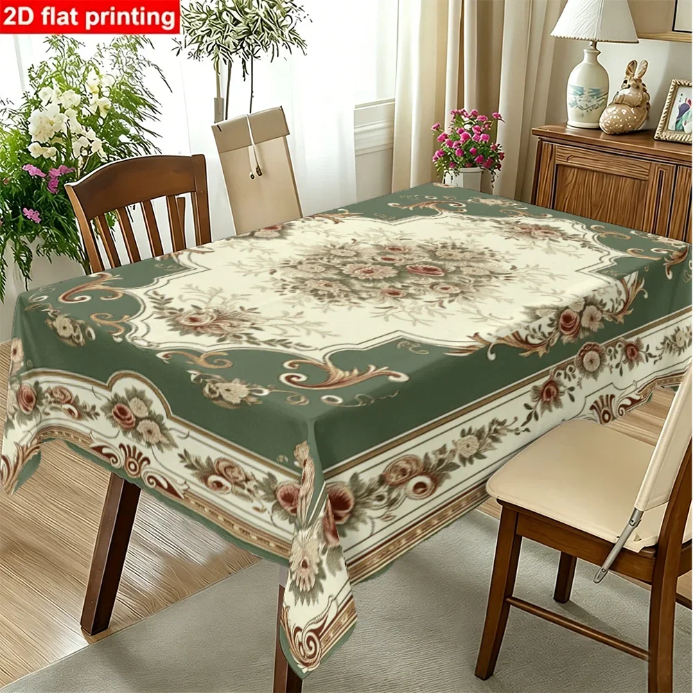1PC Rectangular Tablecloth with a vintage Floral Pattern and Ornate Scrollwork Made of Durable Polyester Fabric for Weddings, Pa