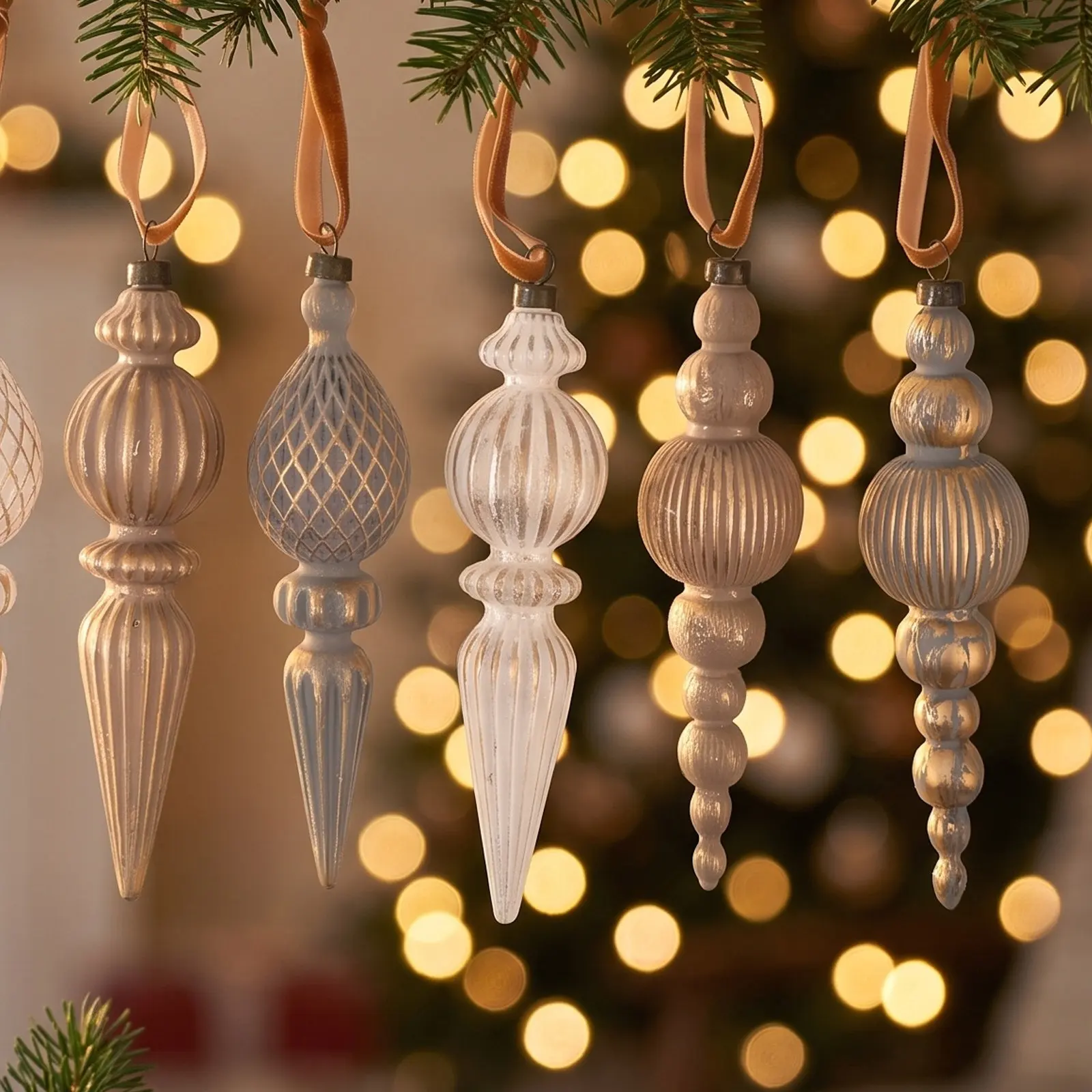 9Pcs Vintage Finial Christmas Ornaments Rustic Distressed Brown Cream Hanging Decorative Tree Pendants Retro Holiday Decor