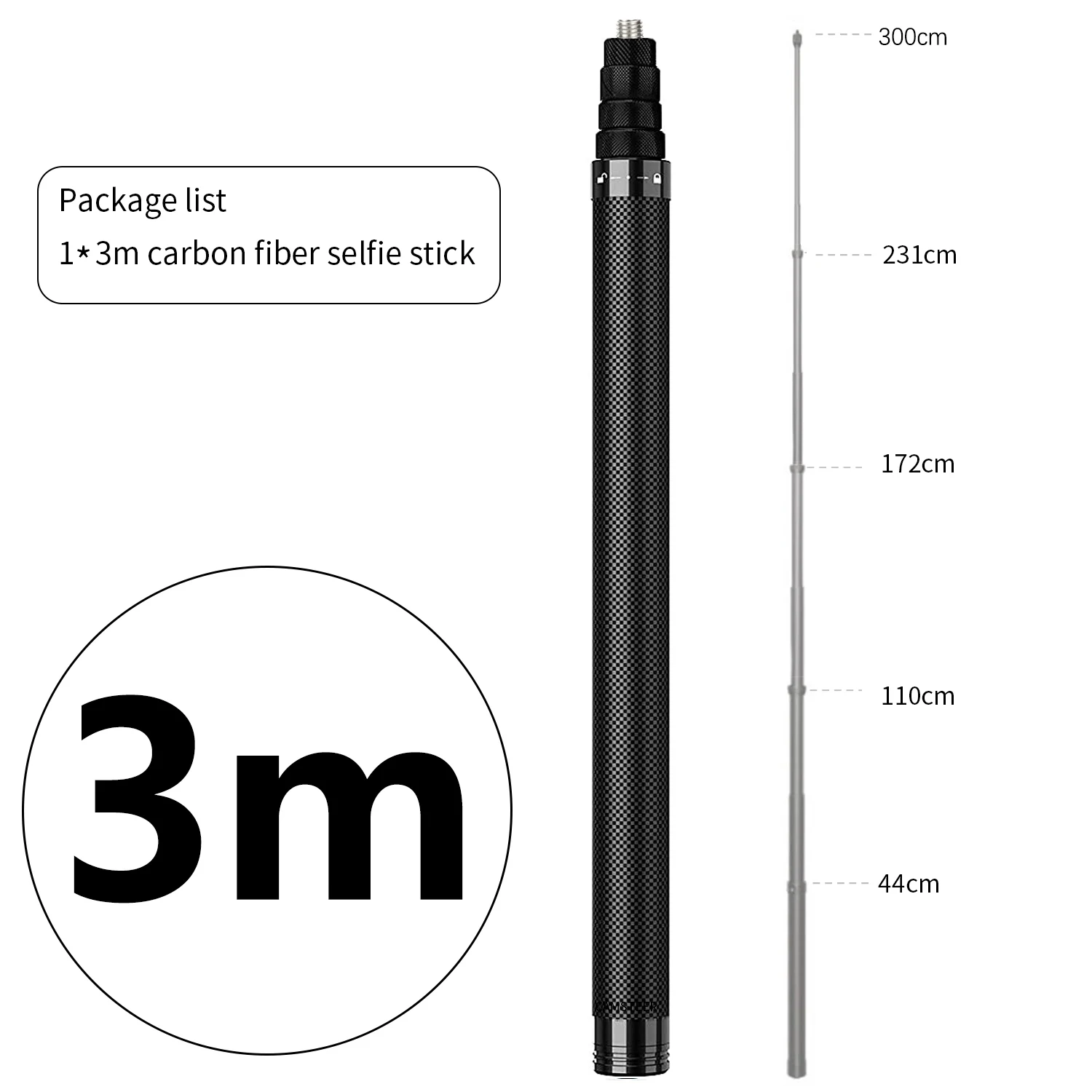 1,2m 3m Carbonfaser Unsichtbarer Selfie-Stick mit Drehgriff und Stativ für GoPro, Insta360 X6 X5 X4, DJI Osmo 360 Kamera