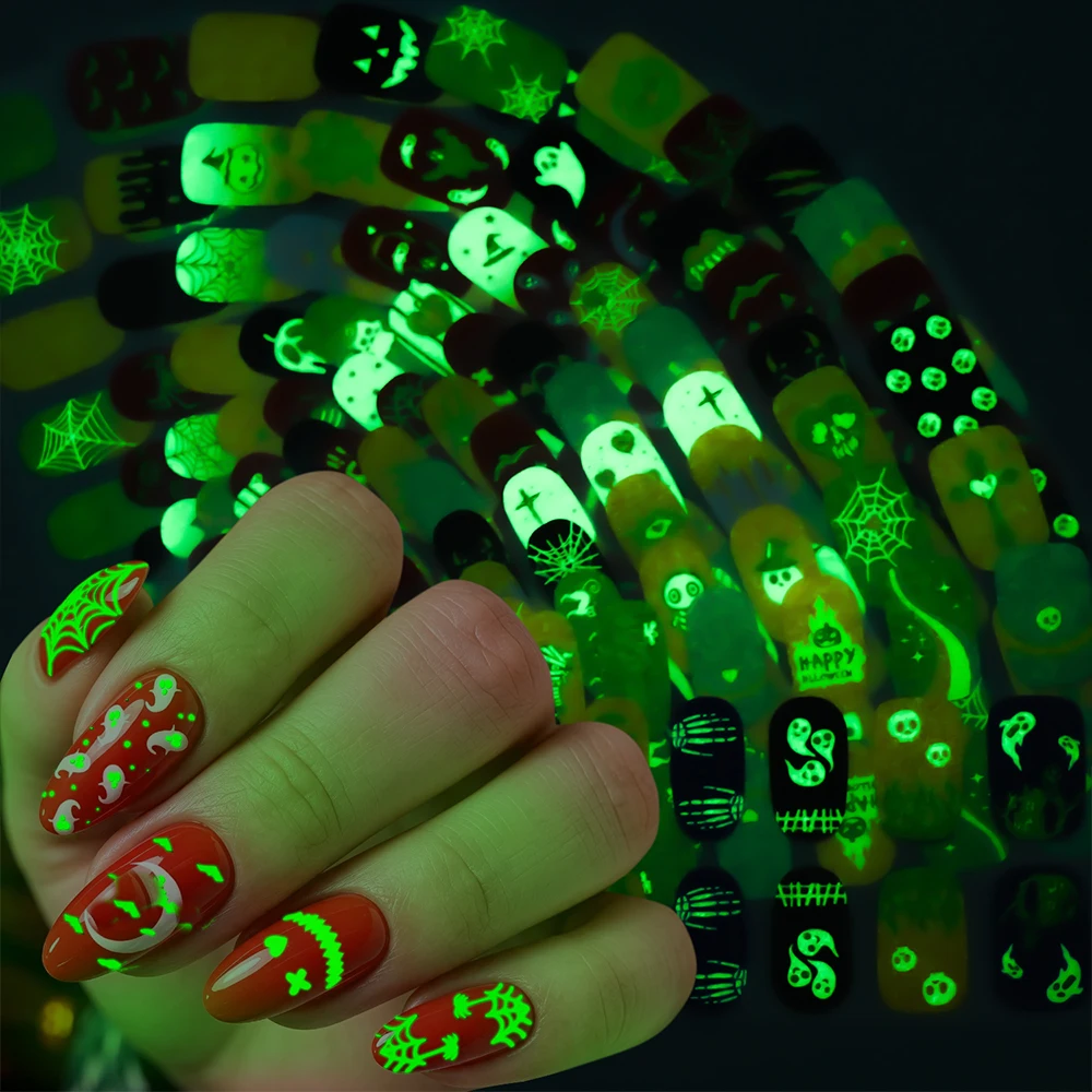 16Tips Halloween Luminous Nail Polish Sticker 3D Ghost Bat Spider Pumpkin Gel Nail Wraps Baking-Free Self-adhesive Nail Decals#8