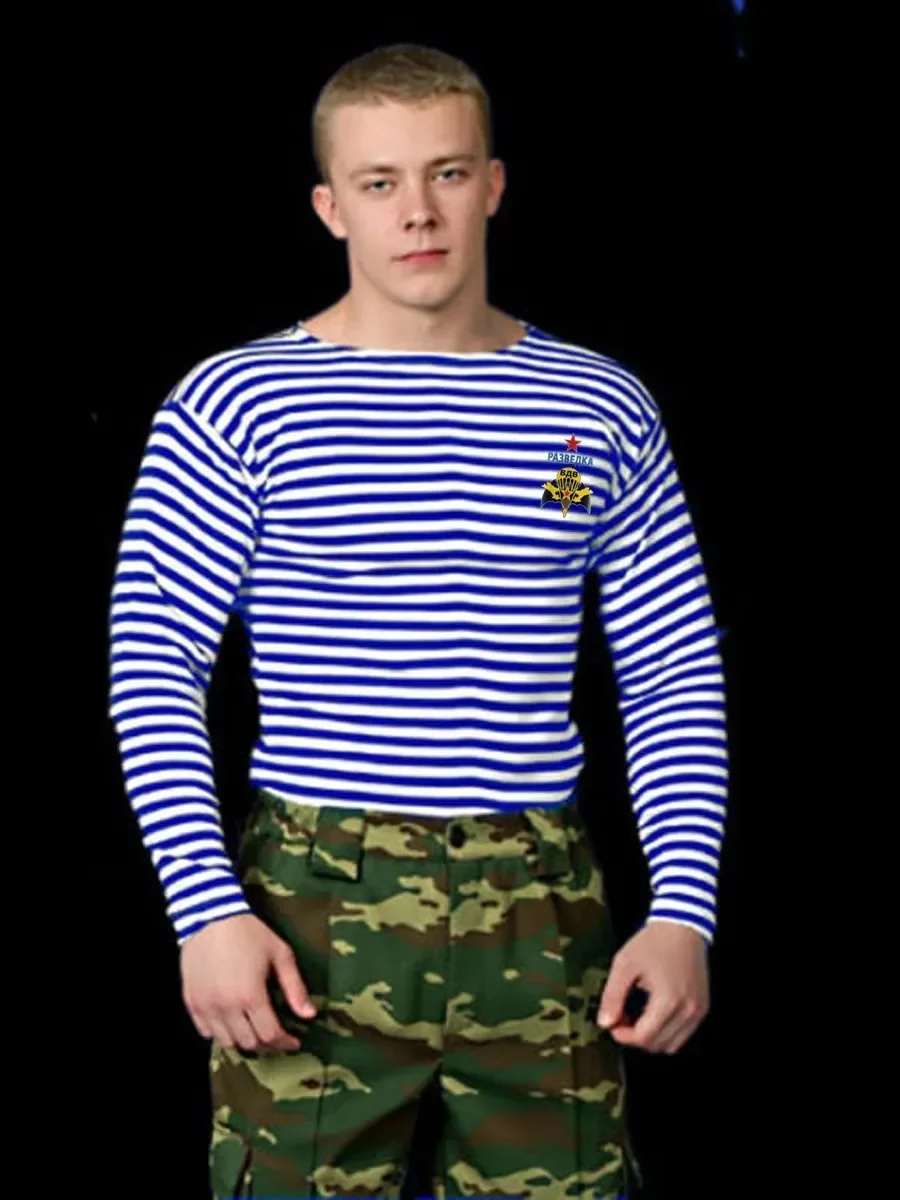 Russian VDV Airborne GRU Special Forces Sailor\'s Striped Shirt Polyester Cotton Long Sleeve Mens Stripes T-Shirt Telnyashka Tops