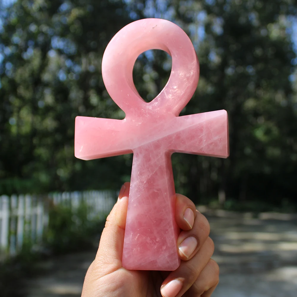 

Hand Carved 16 to 18.5cm Natural Rose Quartz Crystal Anka Big Ankh Cross Healing Ornament For Home Decor