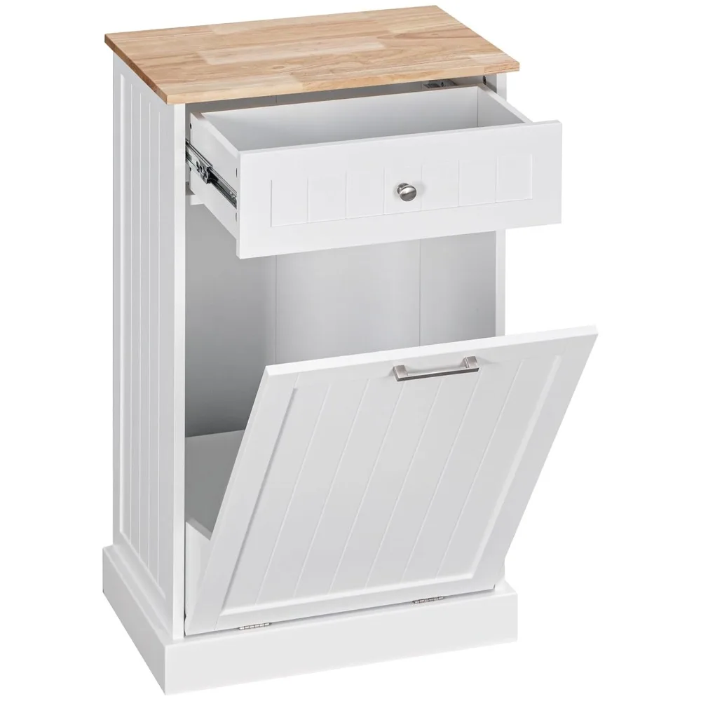 Kitchen Tilt Out Trash Bin Cabinet Free Standing Recycling Cabinet Trash Can Holder with Drawer, White