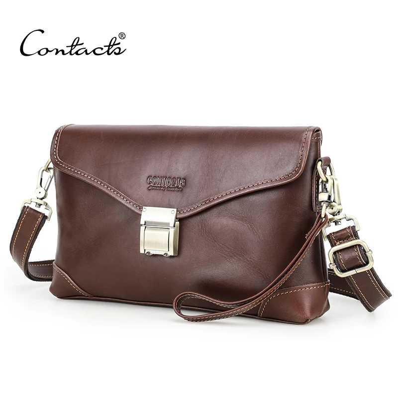 CONTACT\'S Genuine Leather Men Small Messenger Bag Password Lock Design Vintage Shoulder Sling Phone Bag Male Clutch Handbag