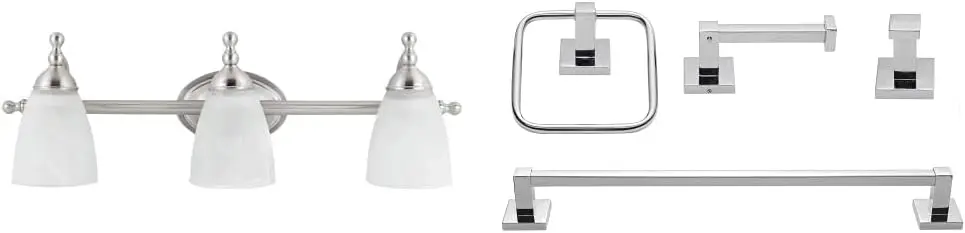 

50783 Diana 3-Light Satin Nickel Vanity Light with Alabaster Glass Shades + 51368 Finn 4-Piece Polished Chrome Bathroom Hardware