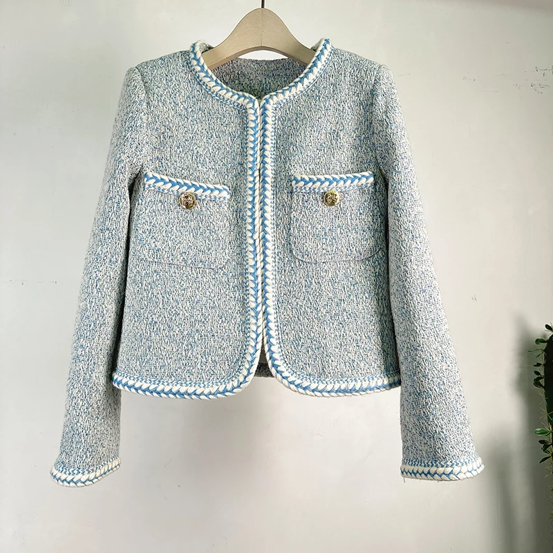 High Quality Fashion 2023 New Women Autumn Winter Tweed Wool Small Fragrance Braid Zipper Double Pockets Jacket Outerwear