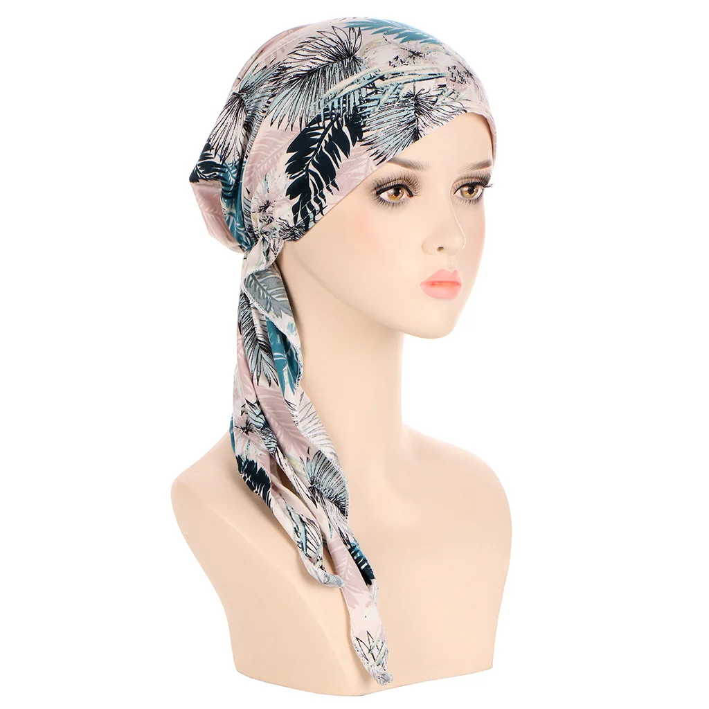 Trendy Flower Print Hijab Turban Hats Boho Long Tail Head Wraps Elastic Pirate Hats Breathable Chemo Cap For Women Girls