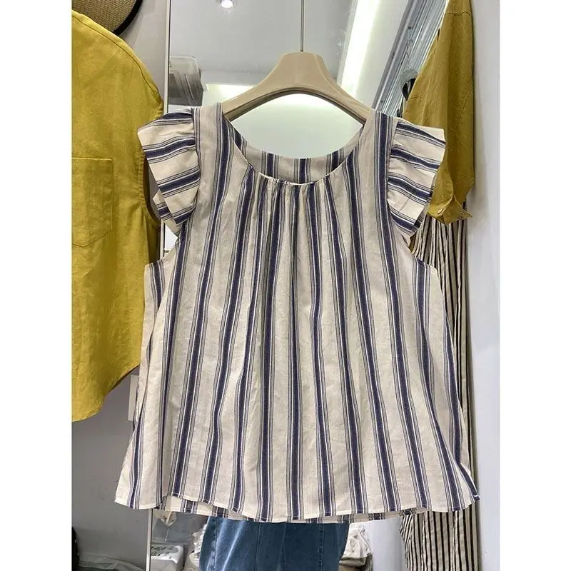 French Striped Flying Sleeve Shirt for Women2024Summer New Korean Style Loose Slimming and Simple Western Style Blouse Top