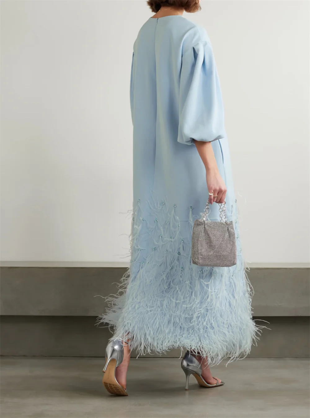 Bella Sky Blue O-neck Long Sleeves Feathers Prom Dress Elegant Ankle-length فساتين سهرة  Modest A-line vestidos de fiesta 2024