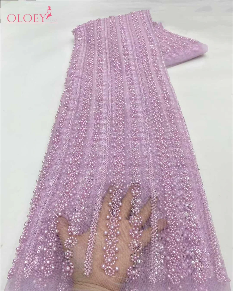 OLOEY  African Luxury Beaded Tulle Lace Fabric 2026 Nigerian Handmade Heavy Sequins Pearls Lace Fabric Fro Bridal Wedding Dresse