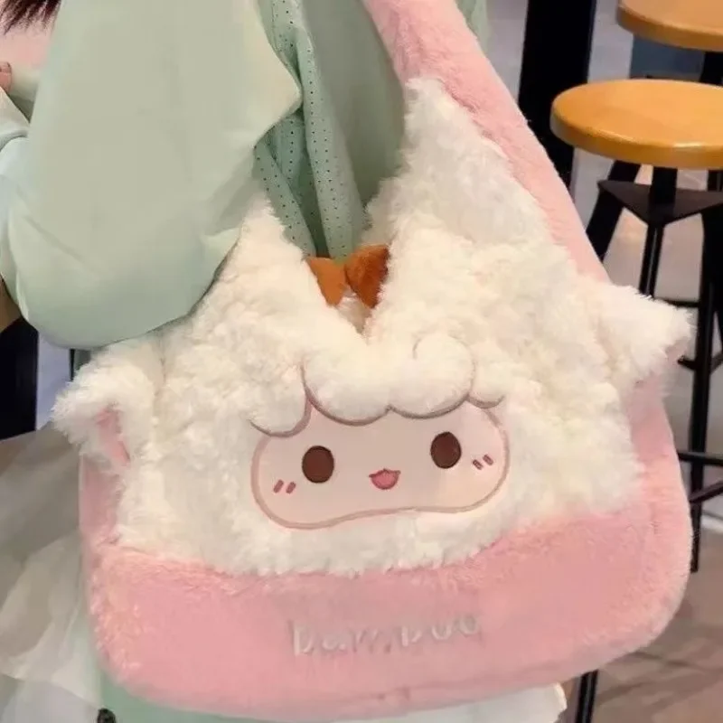 MBTI Sweet Lamb Handbags for Women Kawaii Plush Large Capacity Tote Bag Fashion Korean Style Casual Girls Pink Shoulder Bag