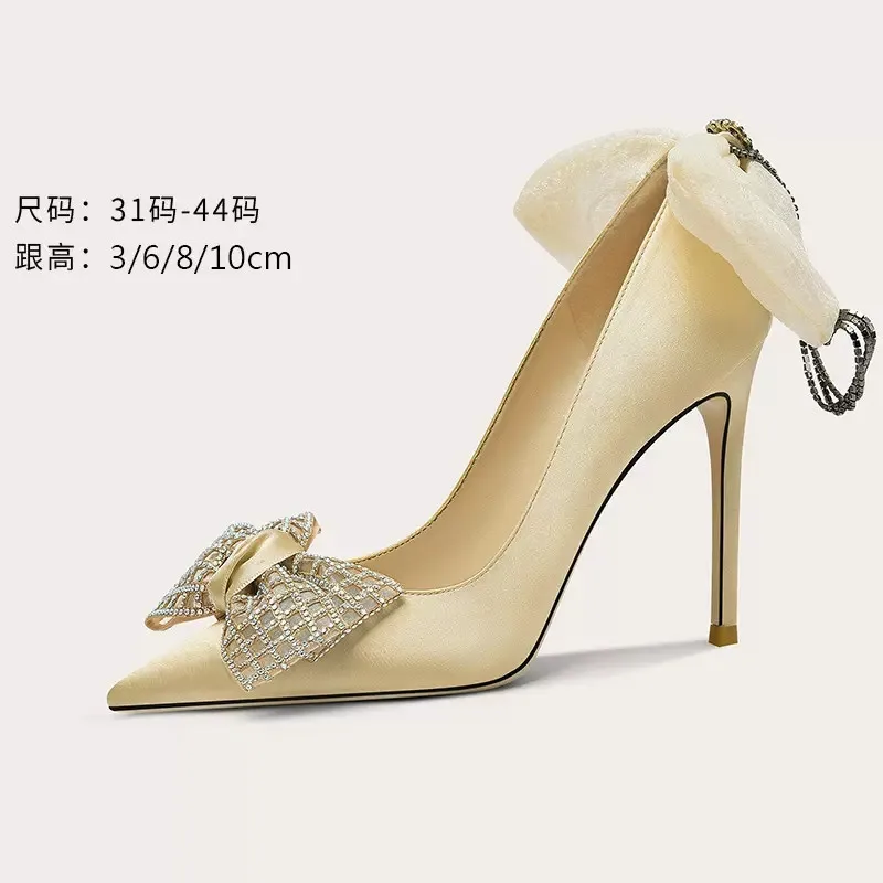 Spring and Summer New Pointed Silk Face Rhinestone Bowknot Single Shoes Slim High Heels Banquet Dress Large and Small Women Shoe