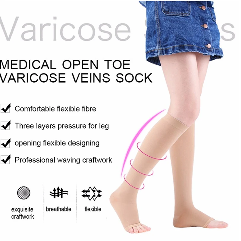 Men Women Compression Stockings Varicose Vein Long Socks Leg Relief Pain Knee Pressure Unisex Solid Color Thigh High Tube Nylon