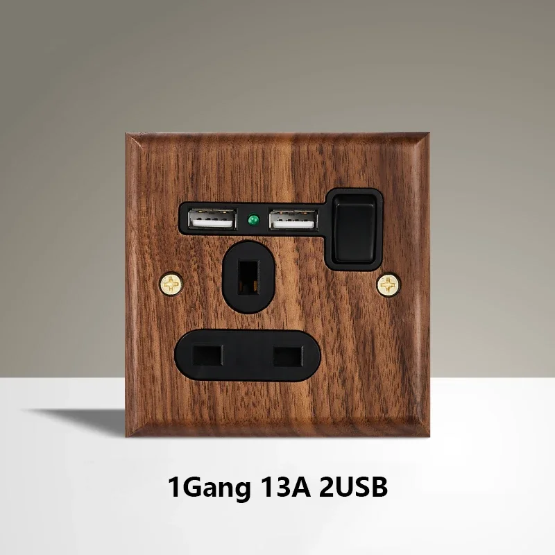 Black Walnut Wood Toggle Light Switch,Home retro Brass Panel,FR UK Universal Double USB Wall Electrical Socket Vintage Switch image 3