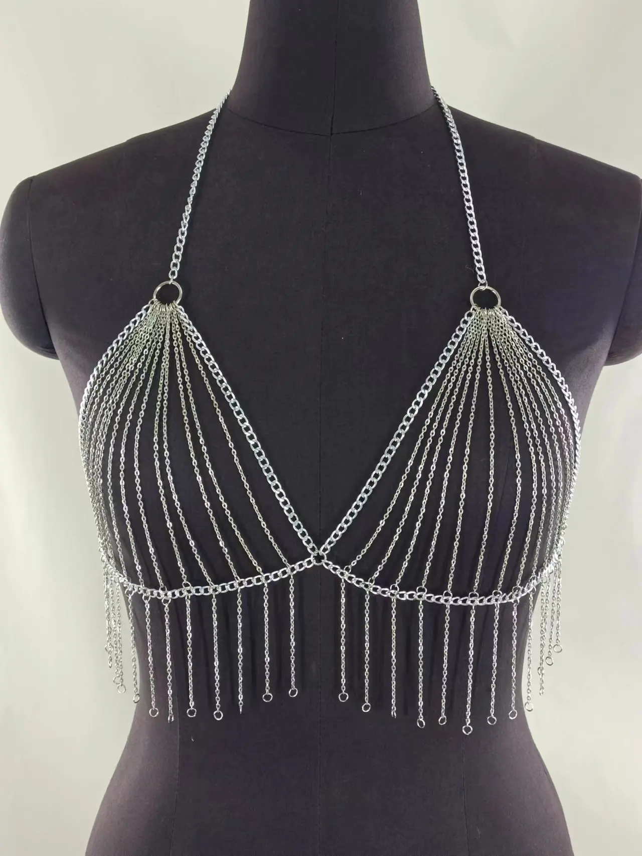 2023 Resort style Bikini Body Chain Pergola Crystal Beach BraMultiple thin chain combination fringe chain pendant halter top hal