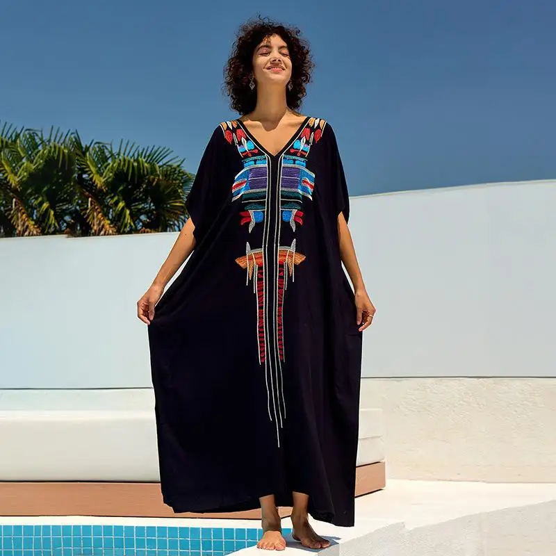 Women Black V Neck Bikini Cover Up Kaftan Robe Holiday Vocation Loose Beach Dress Bathing Suit Cover Up Beach Wear