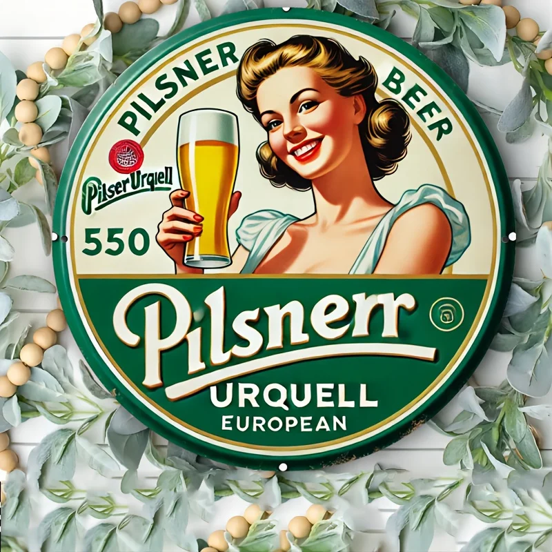 Placa de Madeira de Alta Definição, Placa Redonda de Madeira Vintage Pilsner Urquell, Arte de Parede Retrô com Estampa de Pin-up Girl Pilsner, Europeu