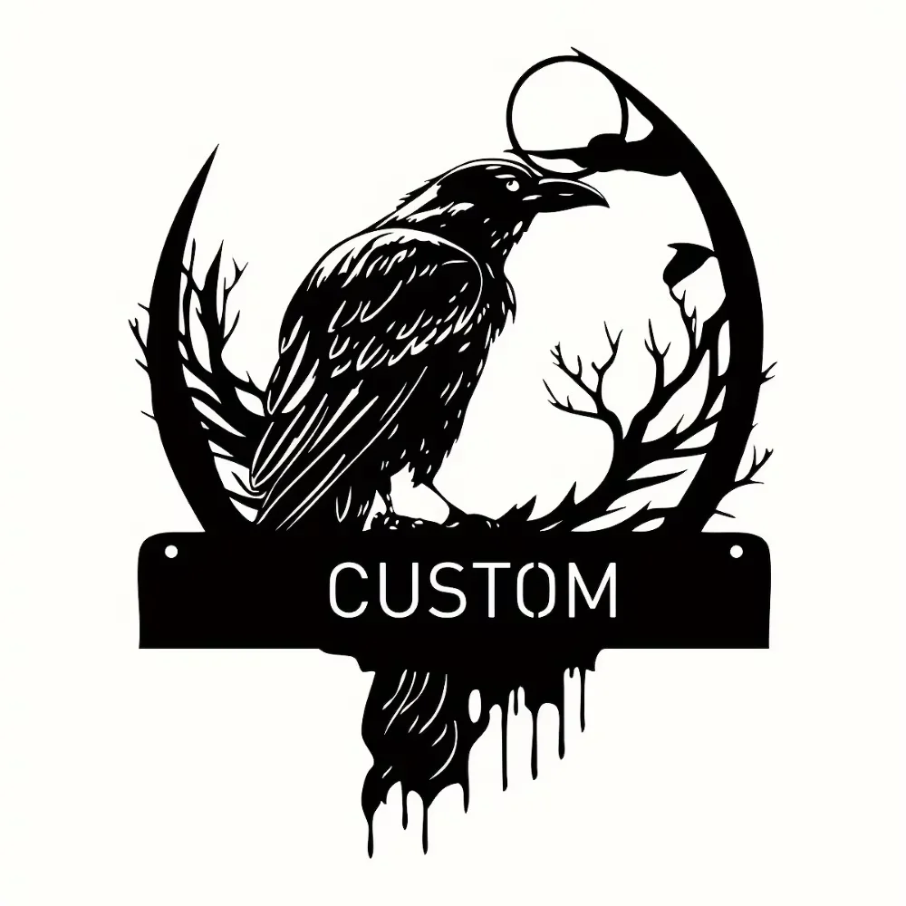 

Distinctive Custom Raven Metal Art. Personalized Name, Black Crow, Moon. Men's Gift, Transverse Style.