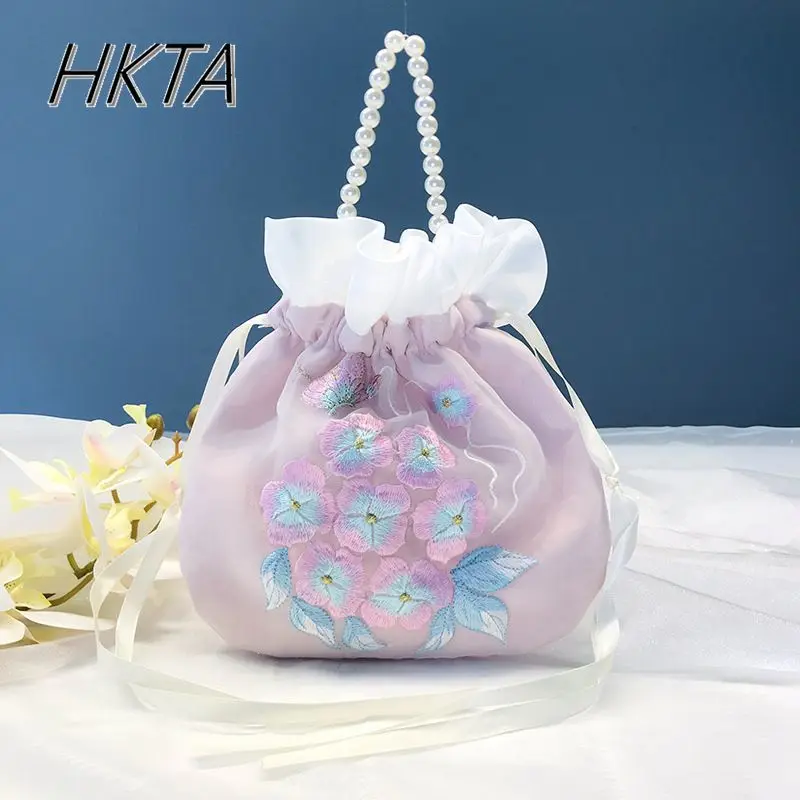 

Женская сумка Hanfu в китайском стиле с листьями лотоса на шнурке, женская косметичка в стиле Лолиты, античная милая милая жемчужная вышивка, женская косметичка