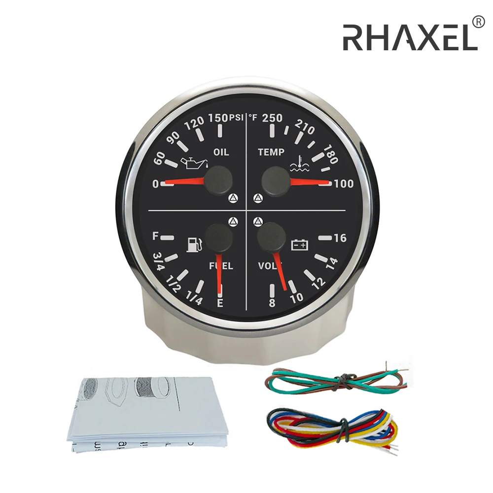 RHAXEL 110mm 4in1 Multi-Function Gauge Oil Pressure 10Bar 0-150PSI Water Temperature Fuel Level Voltmeter 12V with Alarm