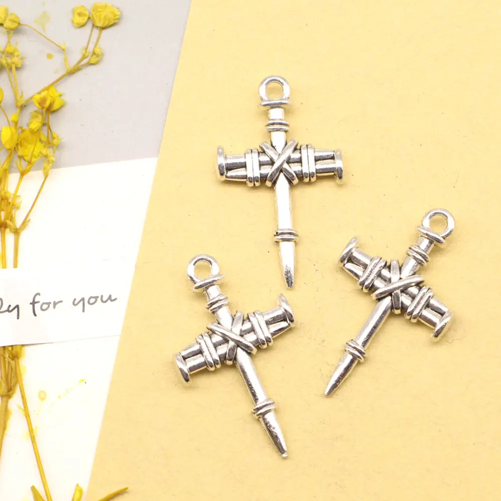 5pcs 25x35mm Crosses Charms Pendants Craft Diy Vintage Jewelry Antique Silver Color