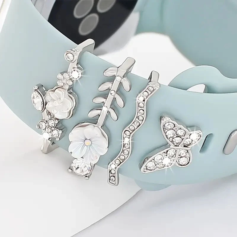 4pcs Butterfly Flower Watchband Ring Loops Nails Studs, Cute Rhinestone Watch Strap Charms Decorations For Iwatch Watchband