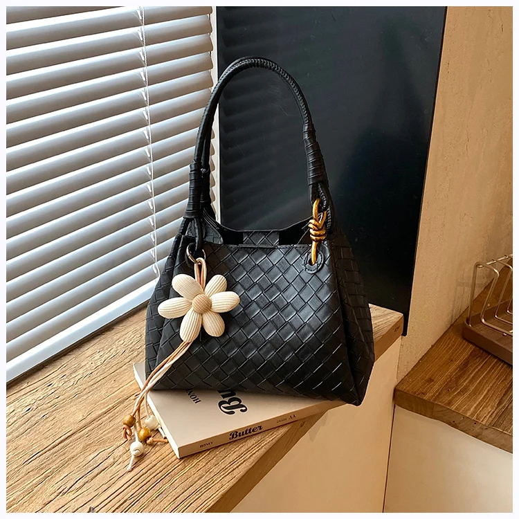 Delicate Texture Women's Bag Woven Soft Wind Flower Pendant Decorated Handbag Single Shoulder Crossbody Multi-purpose Bag