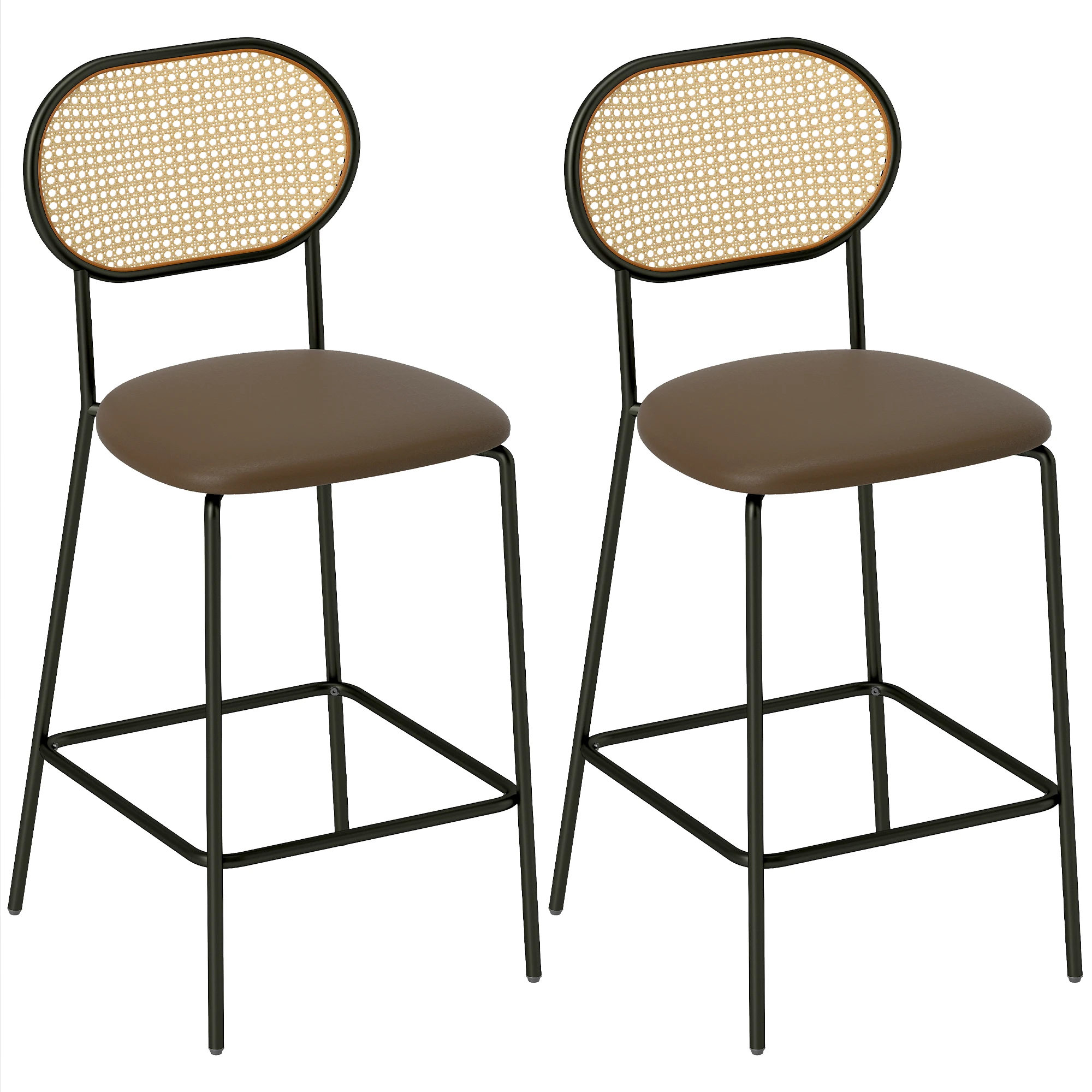 Juego de 2 Altos de Cocina con Respaldo de Ratán Asiento de PU Marco de Acero y Reposapiés