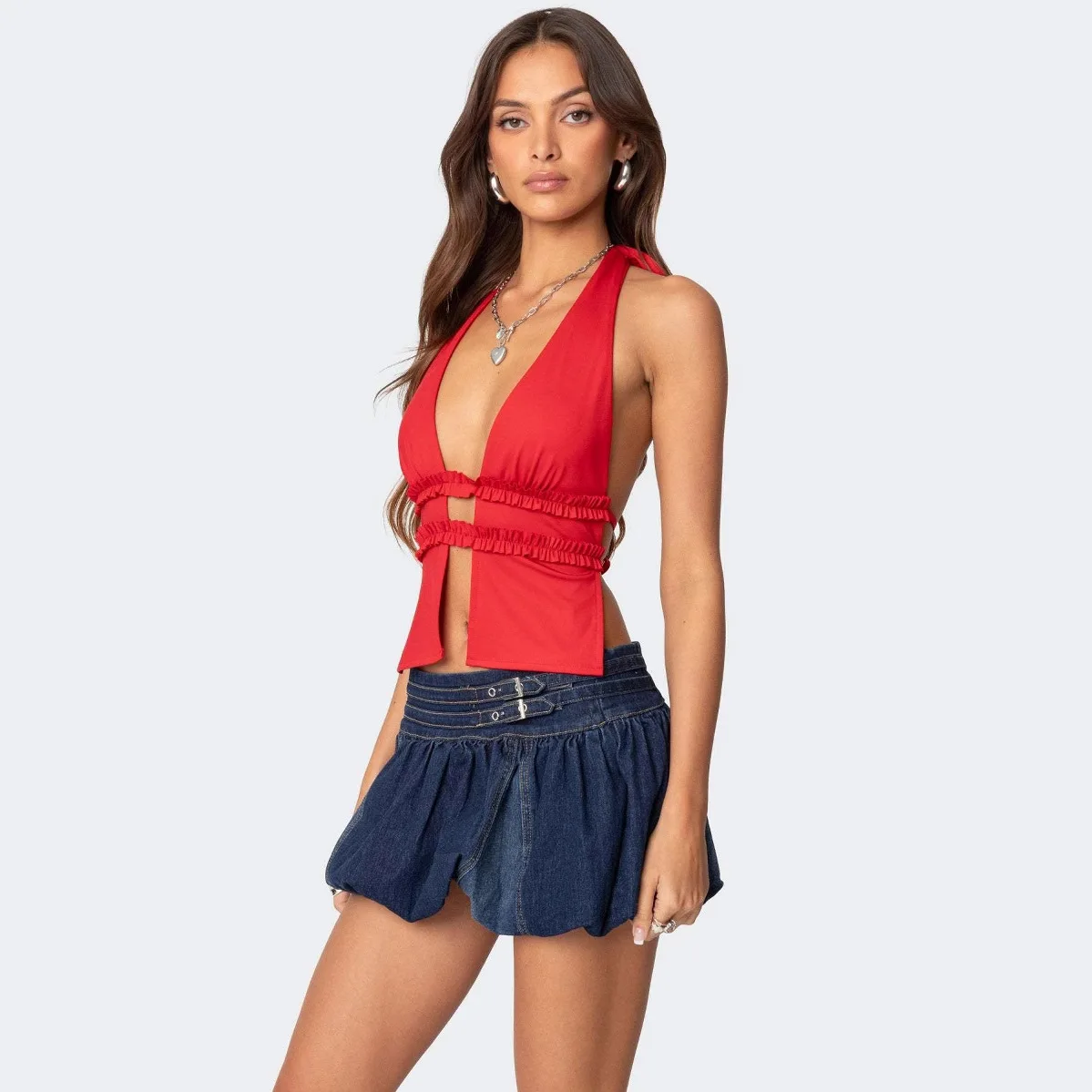 FIGOHR Summer Women's Hot Girl Deep Blue Denim Bubble Skirt Female Sexy Low Rise Denim Tulip Skirt